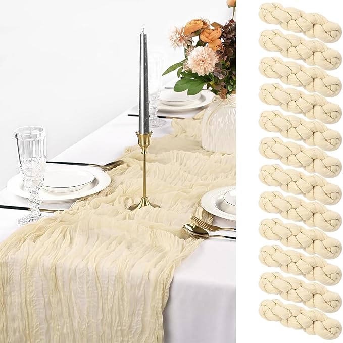 12 Pack Ivory Cheesecloth Table Runner, 10FT Cheesecloth Rustic Boho Table Runner Long Romantic Semi Sheer Table Runner for Wedding Baby Shower Birthday Bridal Party Decorations(21.5×120 Inch)