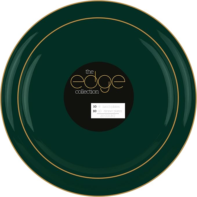 PLASTICPRO 80 Piece Combo Plates Set includes 40-6.3'' inch Plates & 40-8.6'' inch Plate Emerald Green Plastic with Gold Rim Design Party, Festival, Wedding, Premium Elegant