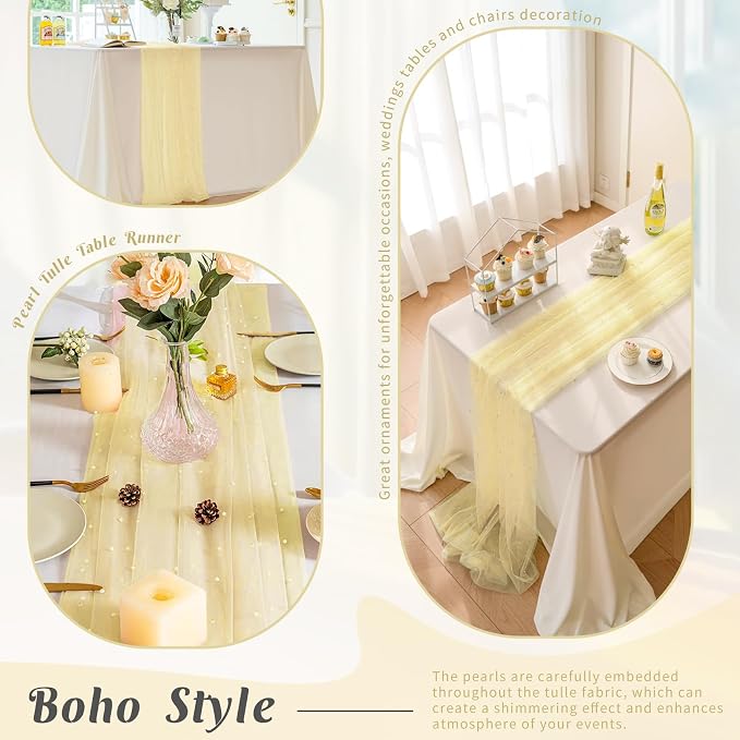 Set of 6 Pearl Table Runner 29 x 120 Inch Tulle Fabric Lace Table Runners for Bridal Shower Birthday Party Wedding Arch Dessert Table Decor(Ivory)