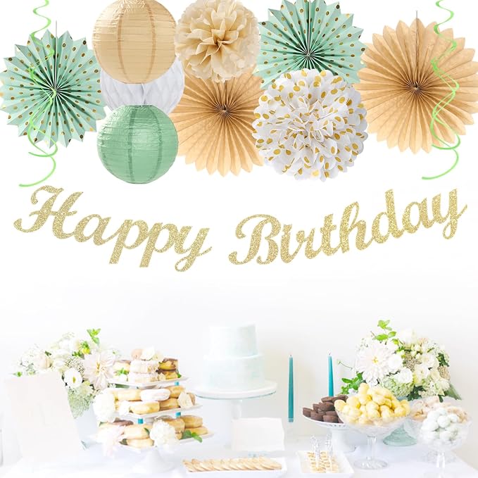 Champagne-Gold White Sage-Green Women Birthday Decorations Huglony | 21pcs Boho Party Happy Banner,Streamers,Paper Lanterns,Pom Poms Fans 13th 18th 21st 30th 40th 50th 60th Birthday Backdrop
