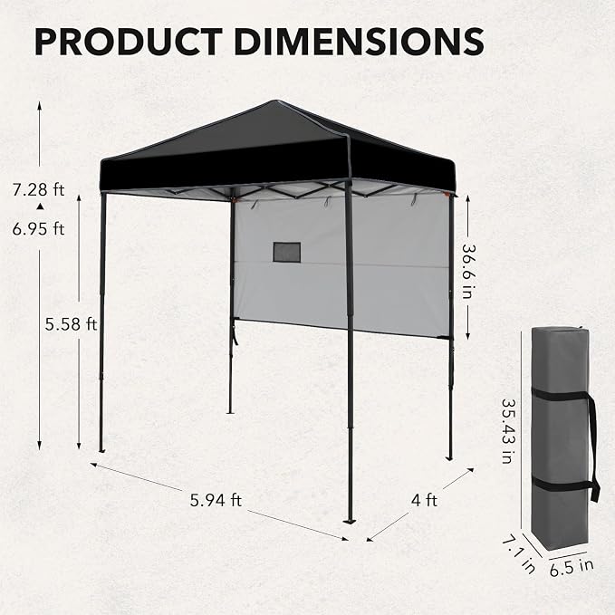 6x4 Pop Up Canopy Tent with Half Wall Panel, Instant Portable Beach Canopy, Outdoor Tent with Carry Bag for Camping, Sports, Tailgating, Events, Black
