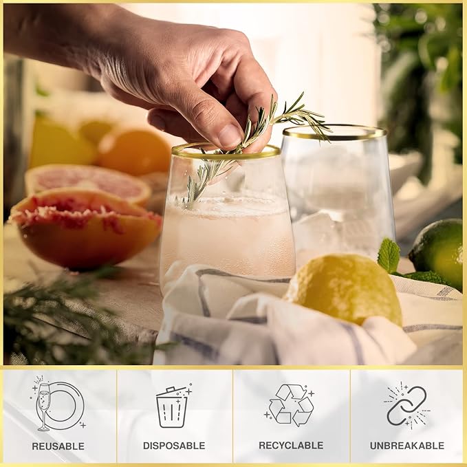 32 Pack Stemless Plastic Wine Glasses Disposable 12 Oz Gold Rim - Shatterproof Recyclable and BPA-Free, Stylish Drinkware for all Beverages, Cocktail Parties, Wedding Reception
