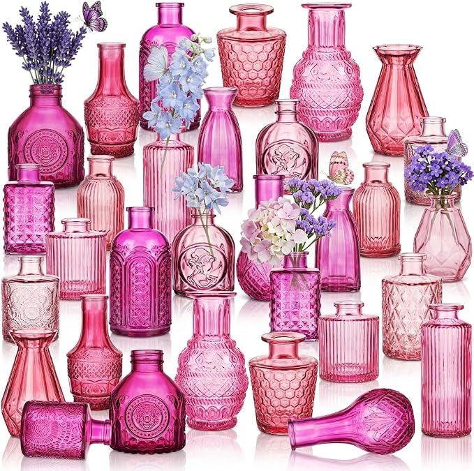 32 PCS Assorted Vintage Bud Vases, Colorful Glass Small Vases Bulk, for Centerpieces, Wedding Table Decor, Home Decorations & Gifts (Pink Seiris)