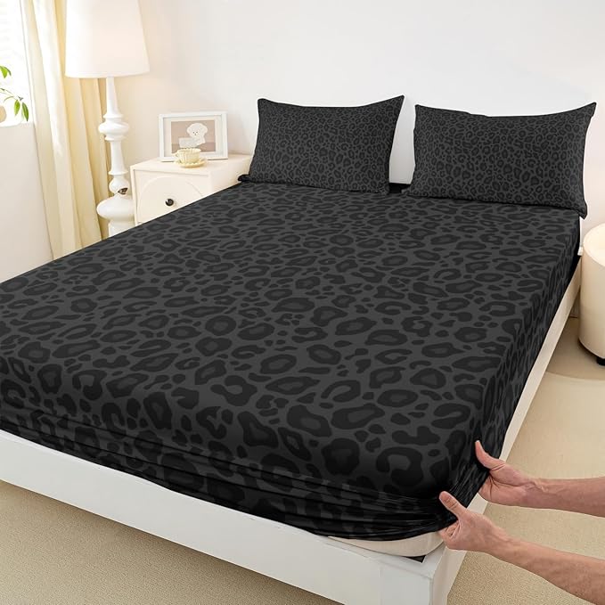 Castle Fairy Leopard Print Bed Sheet Set Twin Size,African Cheetah Wildlife Sheet Set Kids Teens,Gray Wild Animal Skin Bedding Decor Set with 1 Flat & 1 Fitted Sheet with 1 Pillow Sham