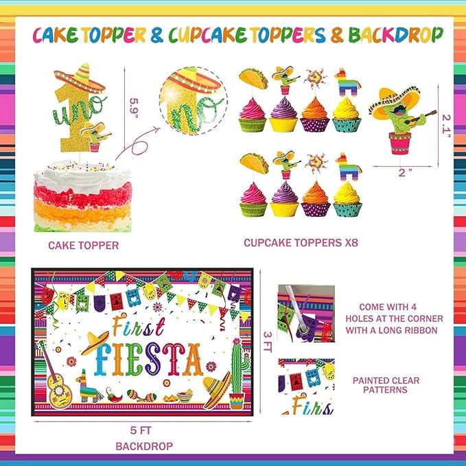 First Fiesta Birthday Decorations, Mexican Theme 1st Uno Party Decorations Backdrop Balloon Monthly Photo Highchair Banner Tablecloth Cake Cupcake Topper Box Cutout Crown Poster