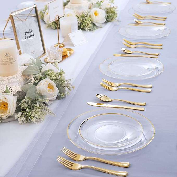 Nervure 125PCS Clear Gold Plastic Plates - Clear Plastic Plates with Gold Rim Include 25 Dinner Plate, 25 Dessert Plate, 25 Forks, 25 Knives, 25 Spoons for Wedding & Party & Thanksgiving