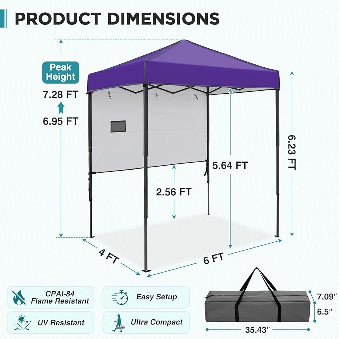 EAGLE PEAK 6x4 Instant Pop Up Canopy Tent with 1 Half Wall Panel, Straight Leg Sun Shelter, Portable Canopy with Carry Bag for Camping, Beach & Sports, Purple