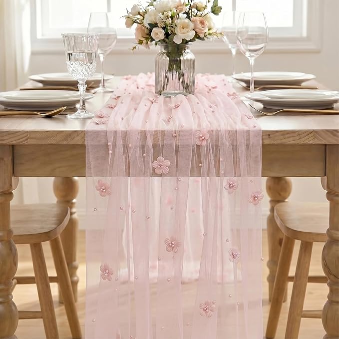 Artoid Mode Pink Flower Pearl Pink Gauze Table Runner 10FT, Seasonal Sheer Dining Holiday Wedding Birthday Baby Shower Table Decor for Home Party