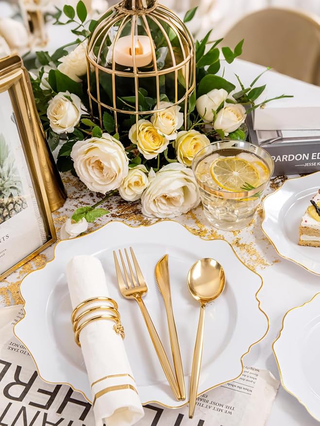 WDF 175Pcs Gold Plates Disposable - White and Gold Plastic Plates 25guest Plastic Dinnerware Ideal for Party/Wedding/First Communion/Spring
