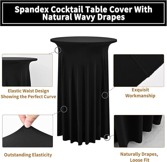 10 Packs Round Cocktail Table Skirt 24"x 43" Spandex Stretch Cocktail Tablecloth with Wavy Drapes, Black Spandex Fitted High Top Table Covers for Wedding Bar Party Birthday Banquet Tables