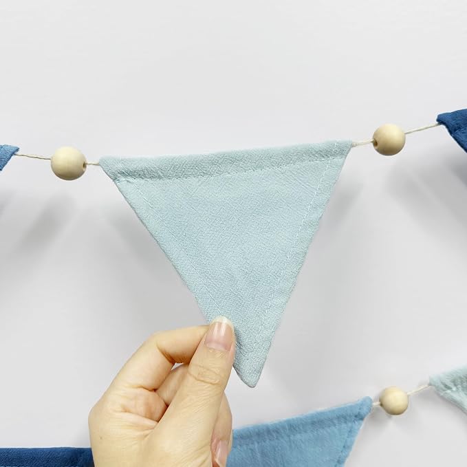 2 Sets of Blue Pennant Wooden Bead Banner Nursery Garland 20pcs Royal Linen Fabric Flags Triangle Streamers for Baby Room Decor Kids Boys Nautical Birthday Baby Shower Boho Event Party Decorations