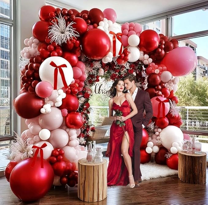 Red Pink Balloon Arch Kit Double Stuffed Dark Red Pink Burgundy White Pearl Balloon Garland With Bows for Valentine Mothers Day Wedding Bridal Shower Engagement Anniversary Mom Birthday Party Decor