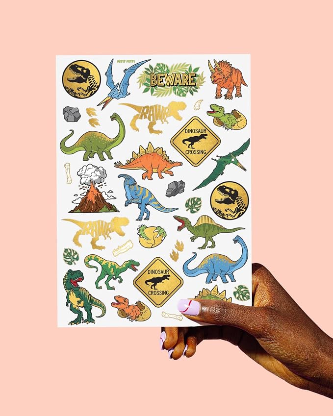 xo, Fetti Dinosaur Temporary Tattoos - Gold Foil, 44 pcs | Kids Jurassic Birthday Party Supplies, Dino Party Favor, T-Rex Fossil Decorations
