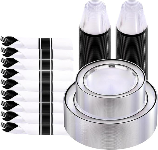 I00000 210 Pcs Black Plastic Dinnerware Set for 30 Guests Include: 30 Dinner Plates, 30 Dessert Plates, 30 Pre Rolled Napkins with Cutlery Set, 30 Cups for Birthday, Wedding & Party