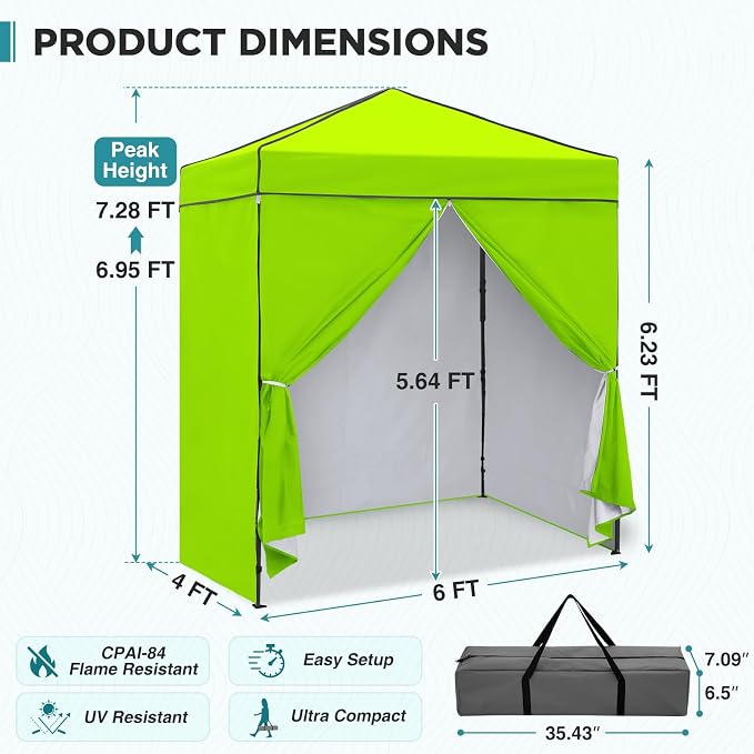 EAGLE PEAK 6x4 Instant Pop Up Canopy Tent with 4 Side Wall Panels, Straight Leg Sun Shelter, Portable Canopy with Carry Bag for Camping, Beach & Sports, Neon Green