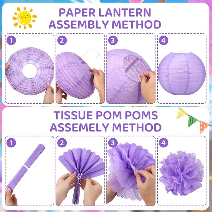 18pcs Blue Paper Lanterns Decoration Purple Blue White Hanging Décor Pom Poms Paper Flower Party Supply for Baby Shower Wedding Valentine Birthday Party