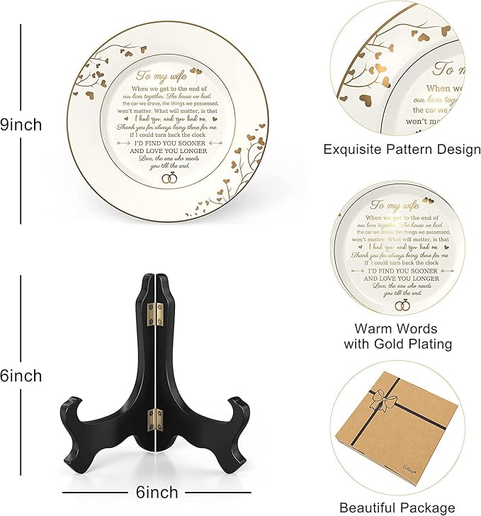 Urllinz Gifts for Wife - To My Wife Plate with 24k Gold Foil, Happy Birthday Anniversary Wedding Gift for Her from Husband, Ceramic 9"