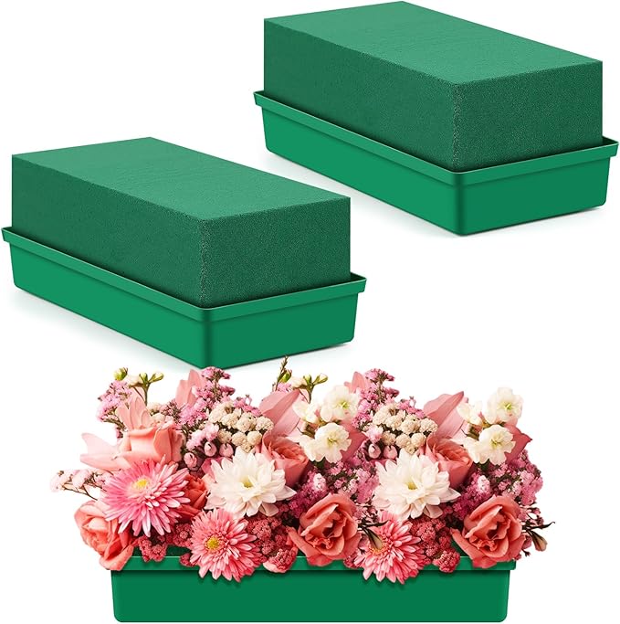 Teenyyou 2 Pack Large Size Floral Foam with Bowl 9.65" l x 4.65" W x 3" H Rectangle Wet Floral Foam Cage Blocks Flower Arrangements Supplies for Table Party Festival Flower Decor