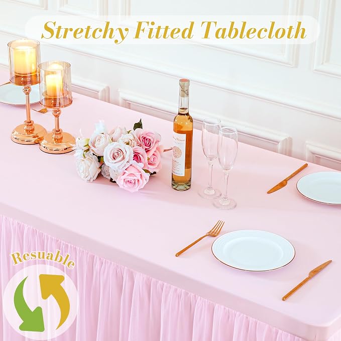 2 Pack Pink Table Cloth for 8 Foot Rectangle Tables, Pink Stretch Fitted Tulle Table Covers Skirt, Rectangular Ruffle Tutu Tablecloth Wedding Banquet Baby Shower Cake Tablecloths Decorations