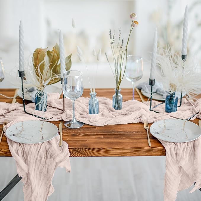 Cheesecloth Table Runner 8 Pack – 35x120 Inch (10ft) Boho Rustic Gauze Cloth Runners – Crinkle Polyester Table Decor for Wedding, Baby Shower, Bridal Shower, Birthday Party and More (Dusty Pink)