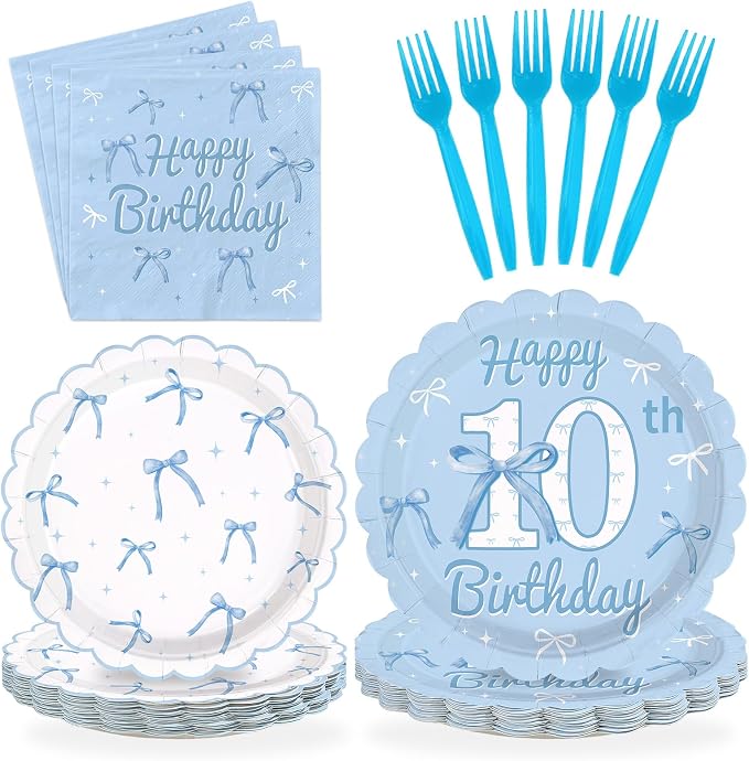 96Pcs Blue Bow 10th Birthday Party Decorations Blue White Happy 10th Birthday Scalloped Plates and Napkins Cute Bow Themed Tableware Set for Girls 10 Years Old Supplies Serves 24