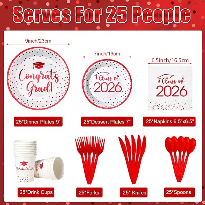 175pcs Class of 2026 Graduation Plates and Napkins Set, Disposable Paper Plate Set Polka Dots Napkins Cups Knife Fork Spoon for Graduation Party Decorations and Supplies,Serve 25 (White Red)