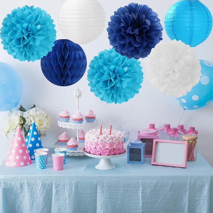 Blue Paper Flowers Tissue Pom Poms Honeycomb Lanterns 15pcs Light Royal Navy Party Decorations Boy Birthday Ocean Wedding Baby Bridal Shower Bachelorette Graduation Hanging Supplies Mprocherify