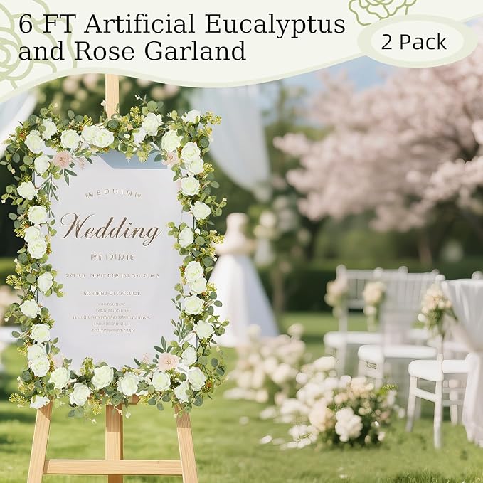 Lewondr Artificial Eucalyptus Garland with Flower, 2Pack 13FT Faux Floral Greenery Garlands Fake Flowers Vines, Maintenance-Free for Wedding Table Backdrop Party Centerpiece Room Decor, White
