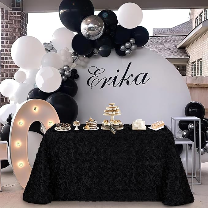 Fanqisi Black Tablecloth 90x132 Inches Rosette Wedding Tablecloth Party Table Decor Rectangle Satin Floral Table Cover for Baby Shower Decorations