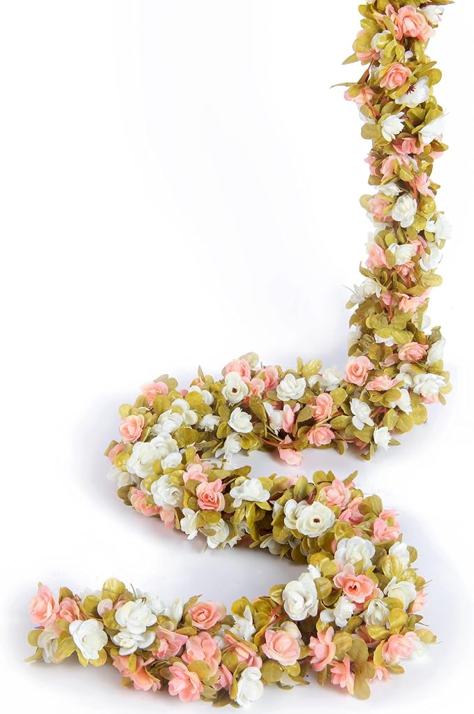 PONKING 8 Pcs x 8.2 ft Flower Garland Artificial Rose Vine Flowers with Green Leaves Hanging Fake Roses Vine for Room Party Home Wedding Birthday Christmas Wall Arch Decor, Pink White Flower