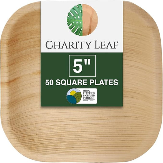 Charity Leaf Disposable Palm Leaf 5" Square Plates (50 pieces) Bamboo Like Serving Platters, Disposable Boards, Eco-Friendly Dinnerware For Weddings, Catering, Events