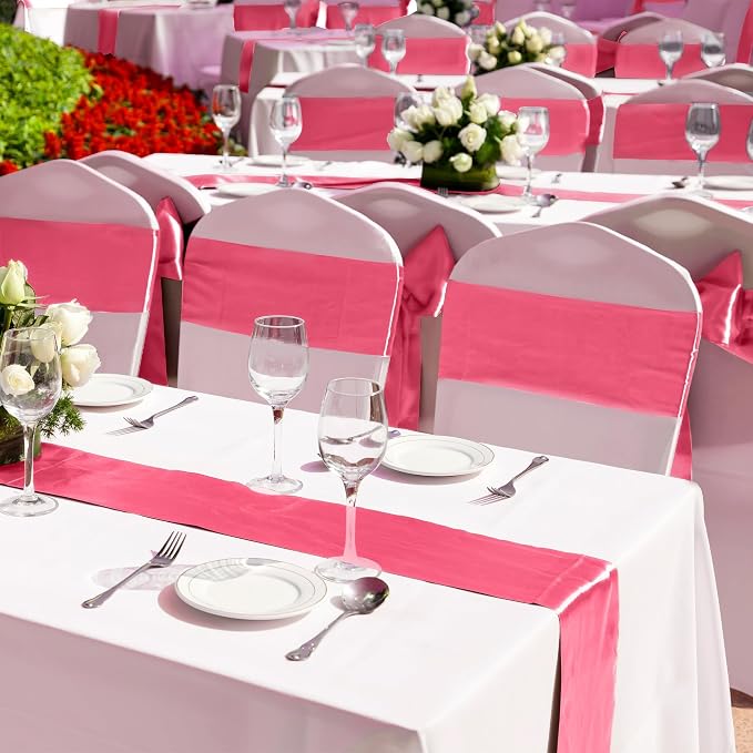 Aneco 4 Pack Satin Table Runner 12 x 108 Inch Gradient Hot Pink Colors Long Wedding Satin Silk Table Runner for Wedding Banquet Graduations Birthday Party Decoration