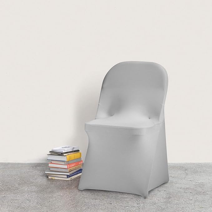 Peomeise Stretch Spandex Folding Chair Cover for Wedding Party Dining Banquet Event (Silver,12pcs)
