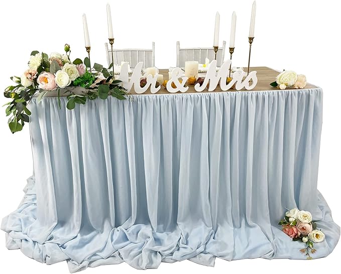 Pooling and Floating Chiffon Table Skirt with extra length, 6FT 9FT 14FT Sheer Tablecloth, Baby Shower, Birthdays Party, Main Cake Table Decoration, Wdding Table Skirt (Blue, 6FT)