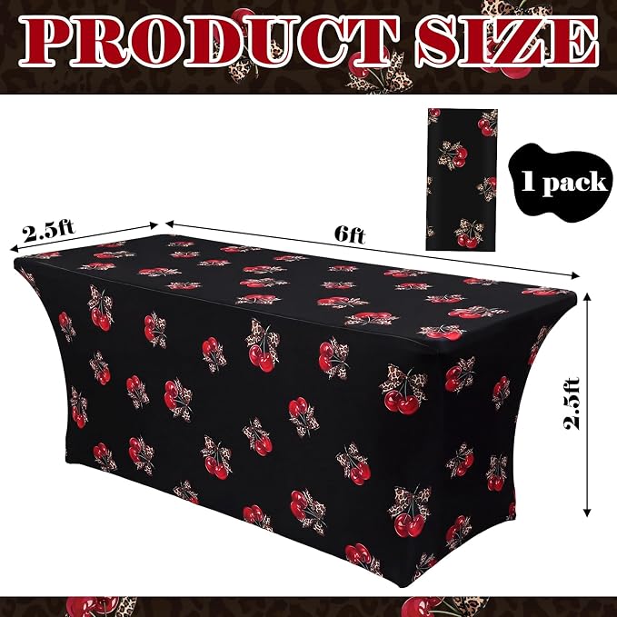 Frienda 1 Pcs Cheetah and Cherry Tablecloth Birthday Party Decorations Spandex Stretch 71 x 30'' Red and Black Cherry Table Cloth Rectangle Table Cover for Birthday Baby Shower Wedding Party Favors