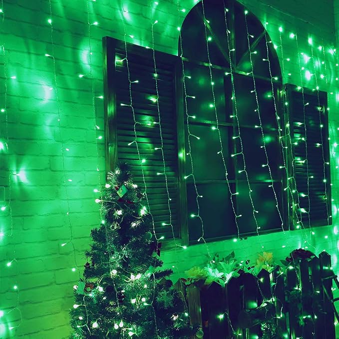 HEYFUNi Green Christmas Curtain Lights, 304 LED 9.8FT x 9.8FT Window Lights | Green Hanging Fairy Lights with 8 Modes, Waterproof Window String Lights for St. Patrick’s Day, Party, Bedroom Wall Backdrop