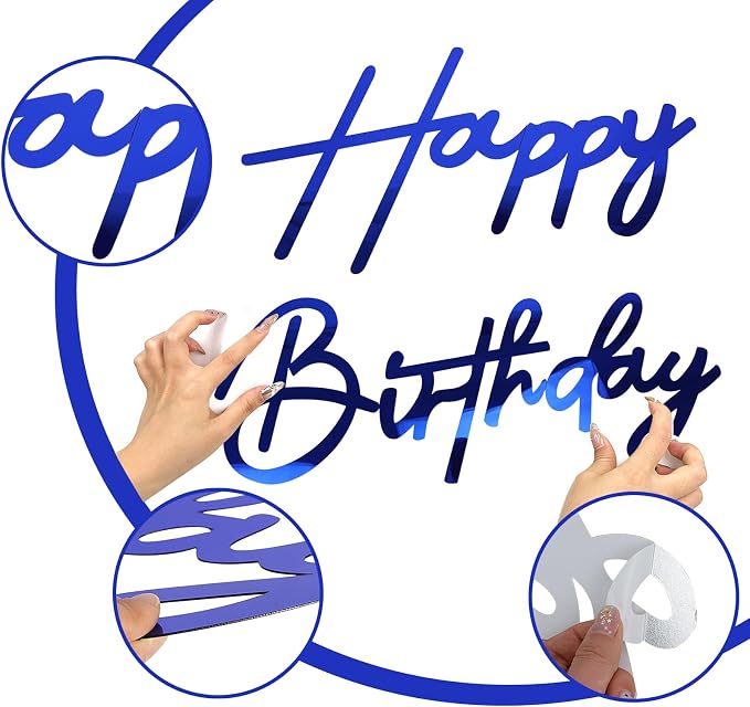 Happy Birthday Sign for Backdrop - Large Acrylic 'Happy Birthday' Mirror Sticker Sign for Birthday Balloon Arch Backdrop Party Wall Decor - Mirror Blue