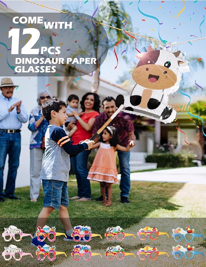 Cute Cow Piñata for Birthday Girls and Boys, Yellow Cow Piñata Includes 12pcs Paper Glasses, Blindfold, Stick, and Confetti, Perfect Farm Animal Themed Party Decorations (16 x 13 x 3.5 Inch)