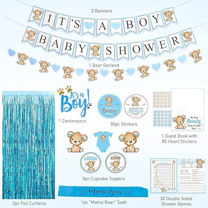 210 PC Teddy Bear Baby Shower Decorations for Boy Kit- It's a BOY Pre-Strung Banners, Garland, Streamers Guestbook Mommy Sash Blue Brown Balloons Cake Toppers Paper Fans Lantern Games & Favor Stickers