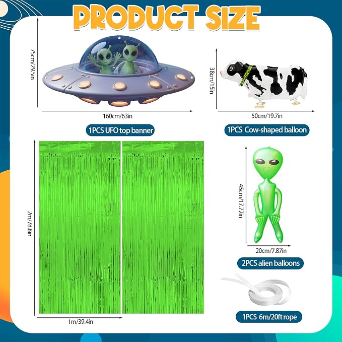 Alien Party Supplies Outer Space Theme Birthday Decor with Tinsel Foil Fringe Curtain Cow Balloon Spaceship Hanging Banner Backdrop for Birthday Baby Shower Wall Door Decor