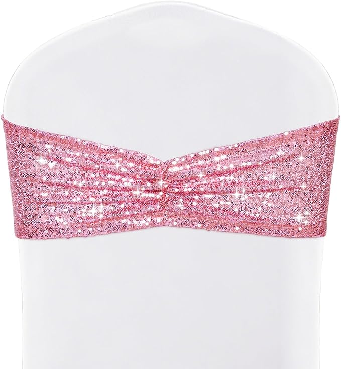 SquarePie 50 Pcs Sequin Chair Sashes Fuchsia Pink Sparkly Sequin Sashes Bands for Wedding Party Festive Chair Cover Decor