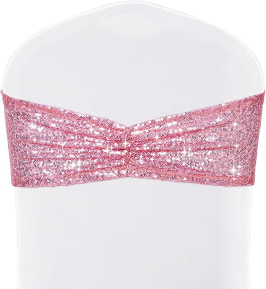 SquarePie 50 Pcs Sequin Chair Sashes Fuchsia Pink Sparkly Sequin Sashes Bands for Wedding Party Festive Chair Cover Decor