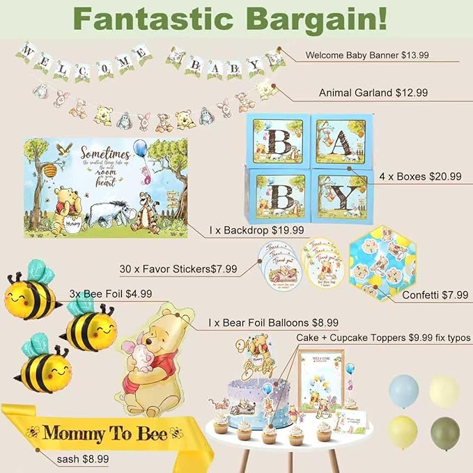 271 Pc Classic Winnie Baby Shower Decorations for Boy – All-In-1 Blue Pooh Baby Shower Balloon Arch, Vintage Pooh Bear Theme Party Decoration Kit with Backdrop, Banners, Baby Boxes, Sash & Table Décor
