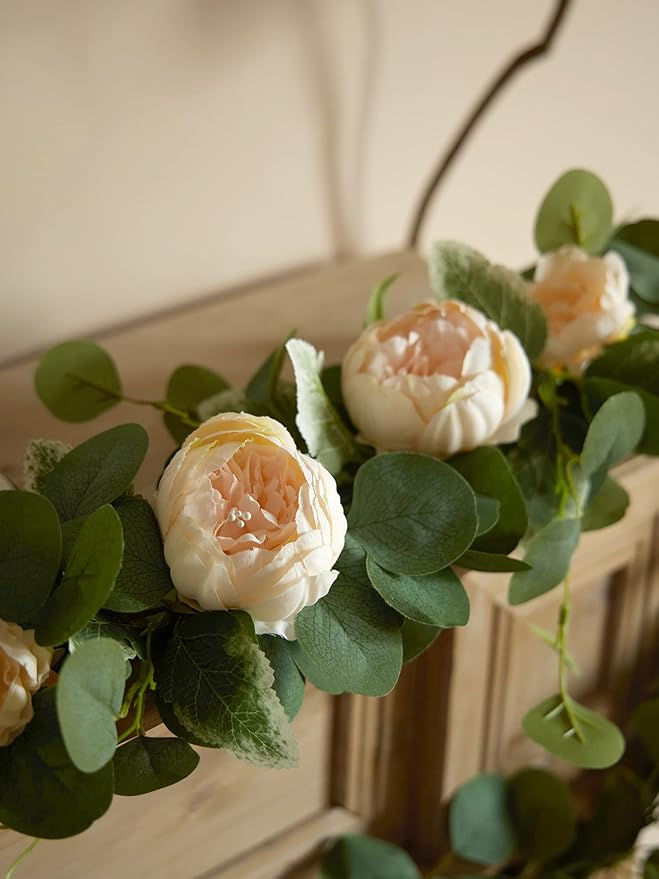MISSPIN 2pcs Artificial Flowers Garland Spring Eucalyptus Garland Vintage Fake Flower Peony Rose Vine Greenery Decorative Wall Hanging Plant for Wedding Arch Door Arrangement Party Decor