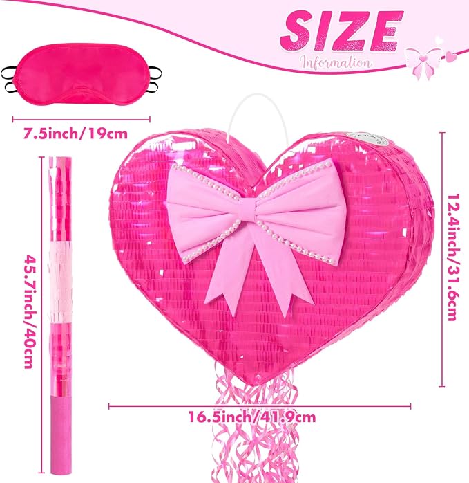 WERNNSAI Heart Piñata - Pink Heart Pull String Piñata Decoration for Women' Birthday Party Couples Dating Supply Engagement Wedding Surprise with Blindfold Stick (16.5" x 13.5" x 3")