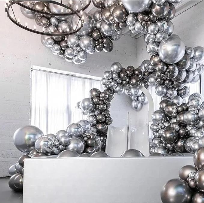 412pcs Metallic Silver Balloon Garland Arch Kit 18 12 10 5 Inch Different Sizes Latex Chrome Balloons for Baby Shower Birthday Graduation Wedding Anniversary Celebration Party Decoration