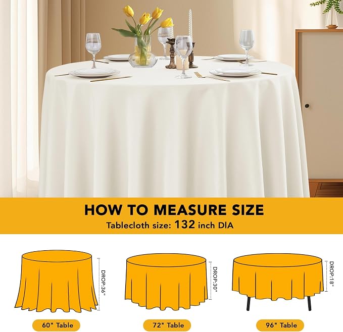 6-Pack Ivory Round Tablecloths, 132 Inches, Stain-Resistant Polyester for 6-8 Ft Round Tables - Washable Table Covers for Weddings, Banquets, Birthday Parties, Events