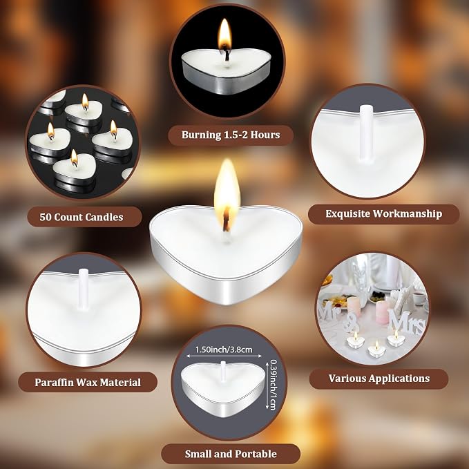 50 Sets Wedding Party Favors for Guests Bulk Including Heart Shaped Candles and Empty Matches Jars with Cork Top Thank You Cards and Organza Bags for Wedding Bridal Shower Party (String Lights)
