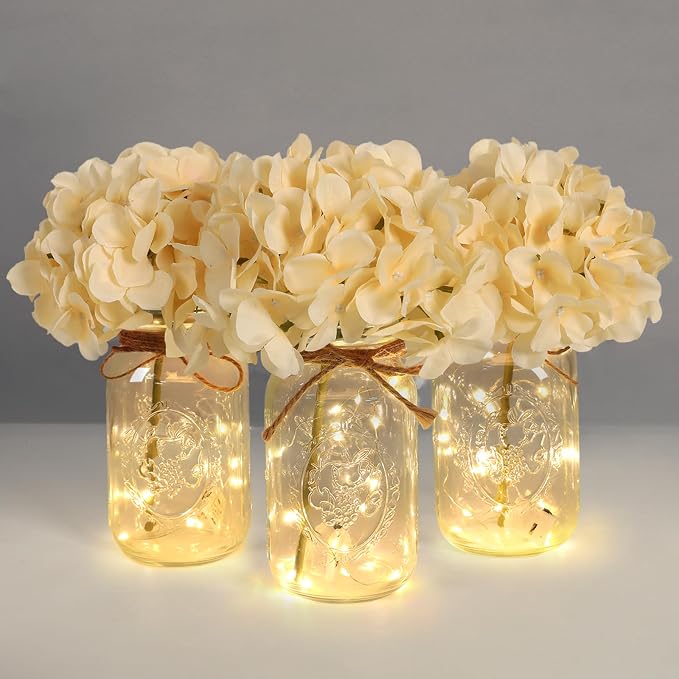 Set of 3 Mason Jar Lights, Champagne Hydrangea Holiday Table Decor | Farmhouse Table Centerpiece for Home Wedding Event Party Decor