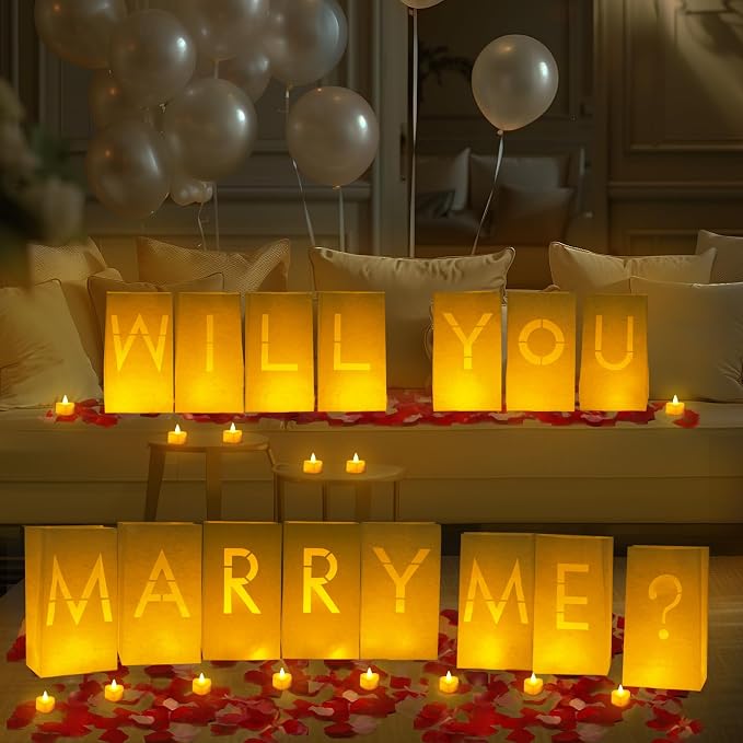 Homemory Will You Marry Me Light Up Letters Proposal Decorations with Flameless Candles and 2000 Fake Rose Petals, Valentine's Day Luminary Bags Decorations for Wedding Engagement